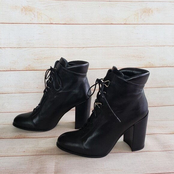 Stuart Weitzman Getgo Leather Lace Up Block Heel Ankle Boots in Black - Picture 3 of 15
